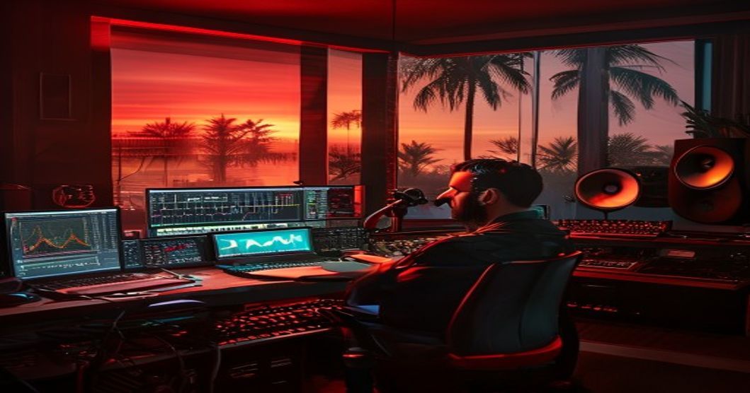 AI reggaeton beats 2026 — split view of free AI music generator output versus a professional producer at a hardware mixing console