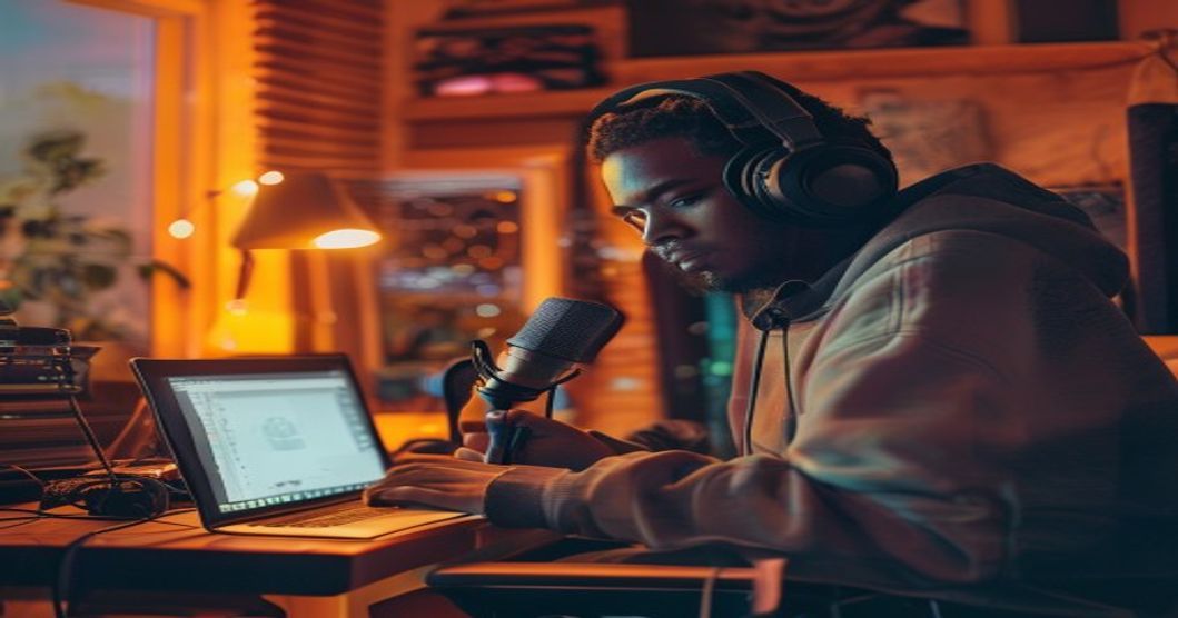 Independent rapper browsing free beats online at a home bedroom studio in 2026 — the modern free-beat-to-release workflow
