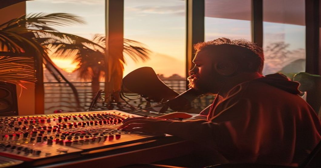 Latin reggaeton recording session — vocalist at the mic with producer at the mixing console, the standard setup for tracking dembow and perreo hooks