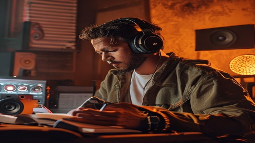 Songwriter writing a reggaeton hook in a lyric notebook with the dembow groove playing on studio monitors